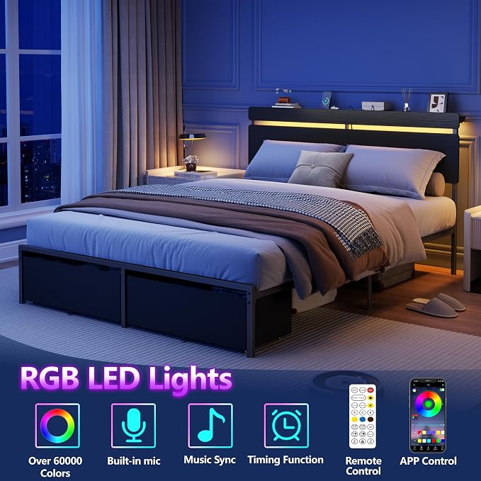 Forestell Queen Bed Frame with Wood Headboard,2 Storage Drawers & Shelf | Built-in Charging Station & LED Lights, Metal Support, No Box Spring Needed, noise-free, easy assembly, Smart RGB, USB+Type-C