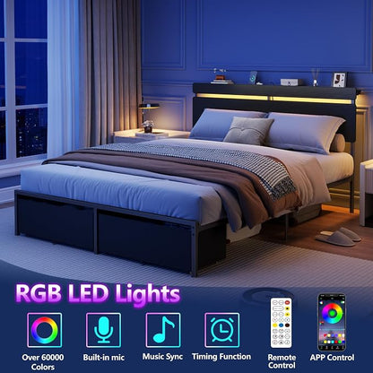 Forestell Queen Bed Frame with Wood Headboard,2 Storage Drawers & Shelf | Built-in Charging Station & LED Lights, Metal Support, No Box Spring Needed, noise-free, easy assembly, Smart RGB, USB+Type-C