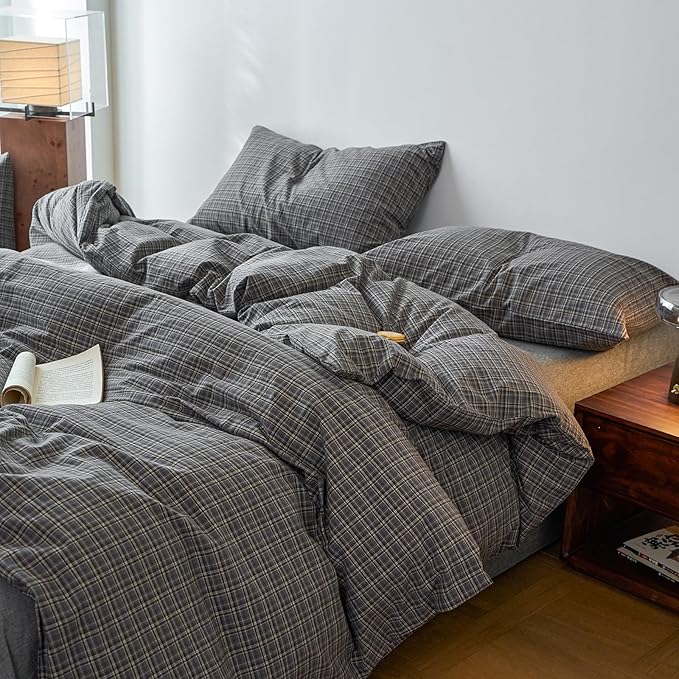 EAVD Vintage Style Grey Plaid Gingham Duvet Cover Full 100% Washed Cotton Like Linen Feel Soft Grid Plaid Bedding Set with 2 Pillowcases Farmhouse Grid Geometric Pattern Duvet Cover with Zipper