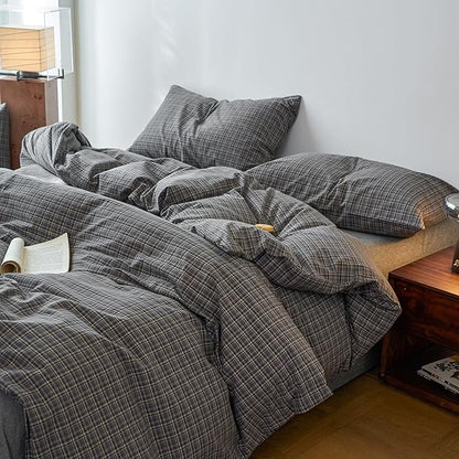 EAVD Vintage Style Grey Plaid Gingham Duvet Cover Full 100% Washed Cotton Like Linen Feel Soft Grid Plaid Bedding Set with 2 Pillowcases Farmhouse Grid Geometric Pattern Duvet Cover with Zipper