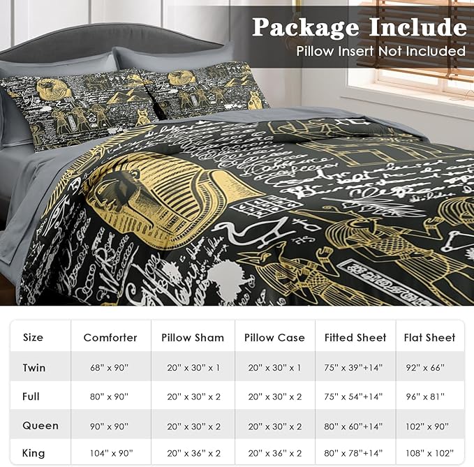 Comforter Set King Size, Retro Egyptian Egypt 7 Pcs Bedding for Kids and Adults, God Pharaoh Abstract Bed Sheet Sets with Fitted Sheet 2 Pillowcases & 2 Shams for Bedroom Bed Decor