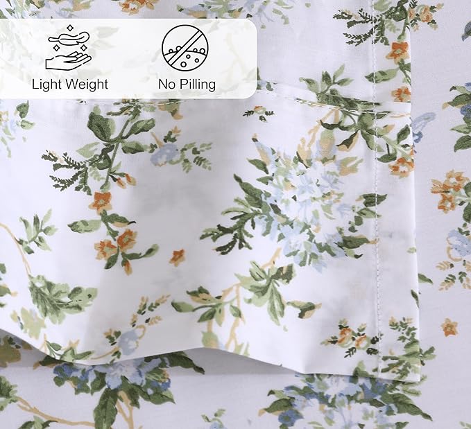 RUVANTI 100% Cotton Sheets – Queen Size Percale Bedding, Cooling & Breathable Floral Design, Durable with a Crisp, Soft & Comfortable Feel, 16" Deep Pocket, 4-Piece Set, Heritage