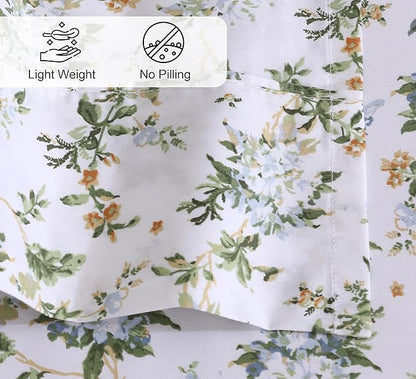 RUVANTI 100% Cotton Sheets – King Size Percale Bedding, Cooling & Breathable Floral Design, Durable with a Crisp, Soft & Comfortable Feel, 16" Deep Pocket, 4-Piece Set, Heritage
