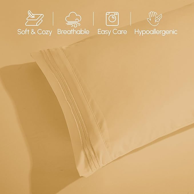 Elegant Comfort Luxurious 1500 Premium Hotel Quality Microfiber Three Line Embroidered Softest 4-Piece Bed Sheet Set, Wrinkle and Fade Resistant, RV Short Queen, Gold
