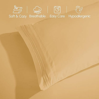 Elegant Comfort Luxurious 1500 Premium Hotel Quality Microfiber Three Line Embroidered Softest 4-Piece Bed Sheet Set, Wrinkle and Fade Resistant, RV Short Queen, Gold