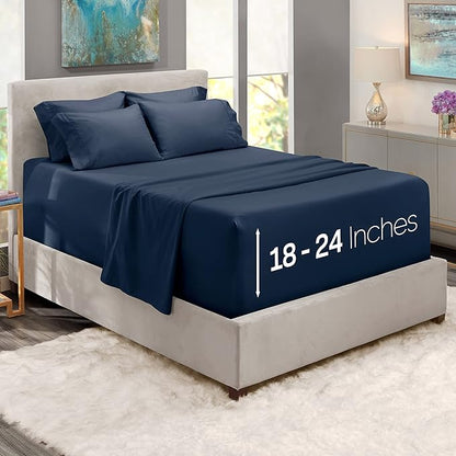 Hearth & Harbor Extra Deep Pocket Sheets - Fits Mattress 18-24 Inches Deep - Extra Deep Pocket Full Size Sets - 6 Piece Full Size - Full - Navy Blue