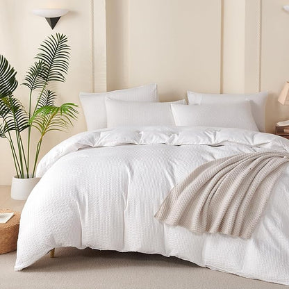 Queen Comforter Set Striped White - Soft Luxury Washed Microfiber Jacquard 3 Pieces Bedding Set for All-Season with 2 Pillowcases, Breathable Durable Comfy