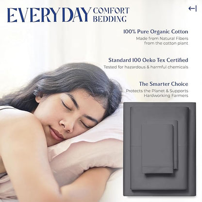 Mayfair Linen 100% Organic Cotton Sheets Twin XL Size - 3 PC Organic Cotton Twin XL Size Percale Weave Sheet Set, Soft, Cooling, Crisp & Breathable, 16" Deep Pocket Hotel Quality Bedding - Dark Grey
