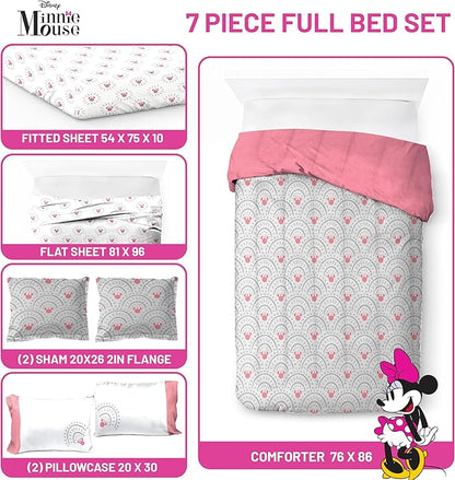 Disney Minnie Mouse Full Sized Comforter Set - 7 Piece Bedding Includes Sheet Set & Pillow Covers - Super Soft Cozy Pink Mandala Bedding