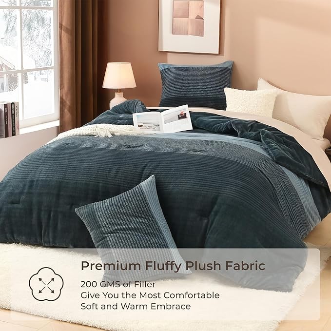 Litanika Fluffy Fleece Twin Comforter Set, Luxury Soft Plush Fuzzy Haze Blue Stripe Bedding Comforter Sets, Warm Shaggy Faux Fur Bed Set All Season (1 Comforter, 1 Pillowcase)
