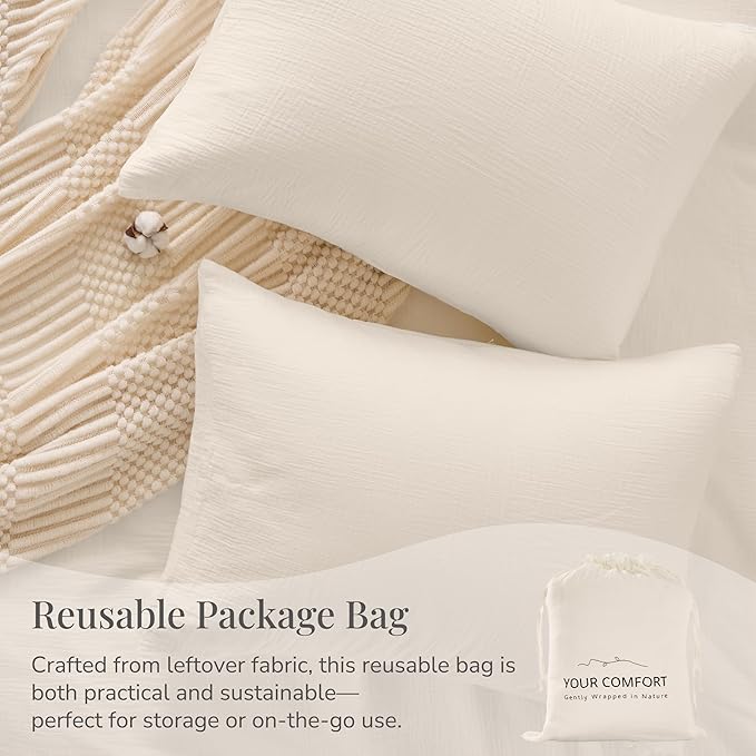 Ivory White Duvet Cover Queen Size, 100% Sandwashed Cotton Soft Queen Duvet Cover Set 3 Pieces with Zipper Clousre & Corner Buttons (Ivory White, Queen 90 x 90)