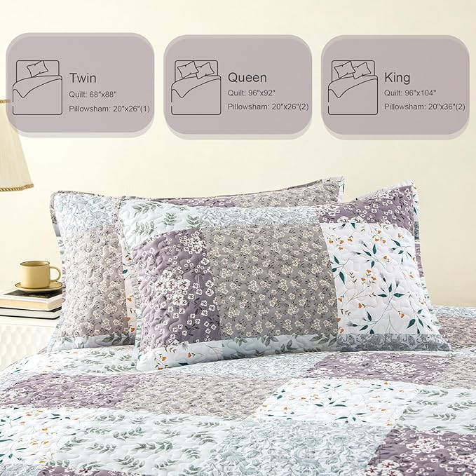Whale Flotilla Patchwork Quilt Twin Size, Extra Soft Boho Floral Bedspreads for Bed Reversible Lightweight Twin Quilt Bedding Set Printed Coverlets with 1 Pillow Sham for All Seasons, Grey