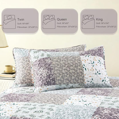Whale Flotilla Patchwork Quilt Twin Size, Extra Soft Boho Floral Bedspreads for Bed Reversible Lightweight Twin Quilt Bedding Set Printed Coverlets with 1 Pillow Sham for All Seasons, Grey