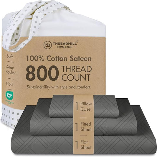 Threadmill Twin Bed-Sheets - 800 Thread Count Jacquard Celine Dark Grey, 100% Natural Cotton 3 Piece Striped Bed Set, Extra Long Staple Cotton, Comfy Damask Sheets with Elasticized Deep Pocket