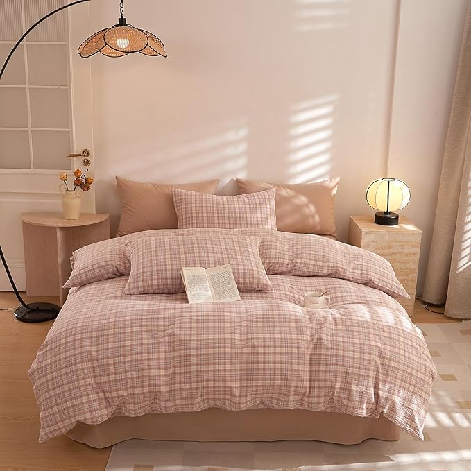 Plaid King Size Bed Comforter Down Alternative Cute Bedding Set Fluffy Washed Cotton Cozy Boho Bedding Comforter Sets Super Soft Modern Farmhouse Bedroom Bed Comforter with 2 Pillowcases