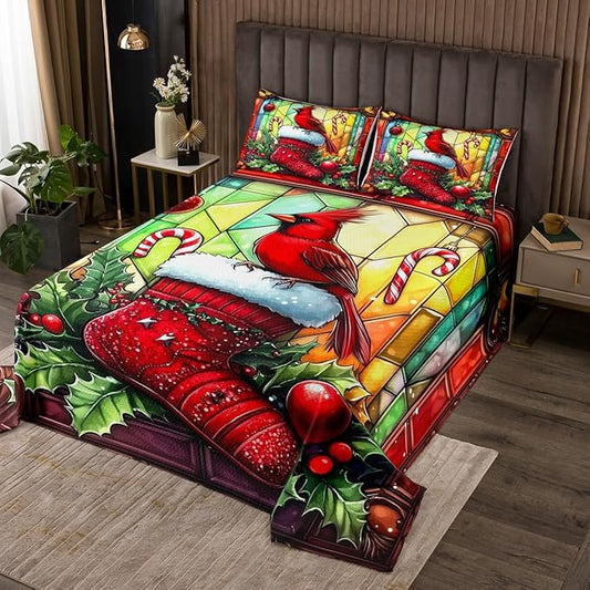 Merry Christmas Kids Bedspread King Size,Redbird Candy Christmas Stocking Happy New Year Coverlet Set,Boys Girls Room Decor,Leaves Geometric Quilted Coverlet,Red Xmas Bedding Quilt,2 Pillowcases