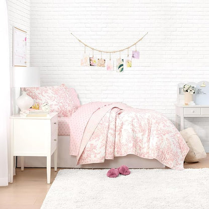 Laura Ashley - Twin Size Bedding Bundle, Reversible Quilt with Matching Pillowcases & Cotton Percale Sheet Set, Floral Bedding with a Crisp & Cool Feel (Pink)