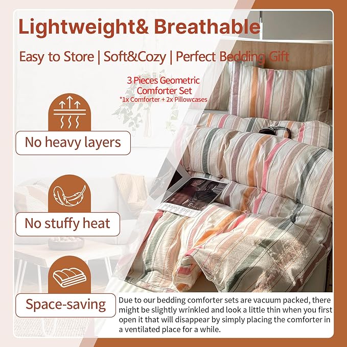 EAVD Vintage Striped Comforter Set Twin XL Colorful Soft 100% Washed Cotton 3-Piece Multicolor Vertical Striped Bedding Comforter Set with 2 Pillowcases Retro Geometric Bedding Set for All-Season
