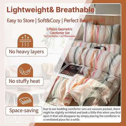 EAVD Retro Striped Comforter Set King Soft 100% Washed Cotton 3-Piece Colorful Striped Bedding Set with 2 Pillowcases Vintage Multicolor Geometric Pattern Comforter Set for All-Season