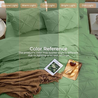 Sasttie Queen Comforter Set, 7-Piece Bed in a Bag, Pintuck Bedding Sets for All Season, Includes Comforter, Flat Sheet, Fitted Sheet, Pillowcases and Pillowshams, Green