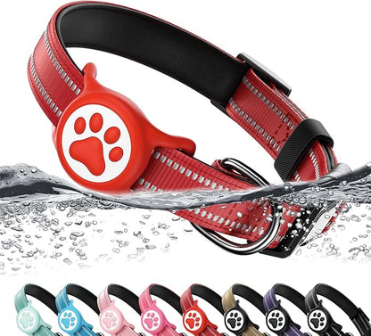 Airtag Dog Collar, Reflective Ultra-Durable Nylon Padded with QR Code Buckle & IP68 Waterproof Air Tag Holder Compatible for Apple AirTag, Comfortable for Small Medium Large Dogs(Red,M)