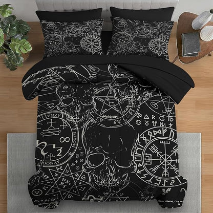 Comforter Set Queen Size, Pentagram Retro 7 Pcs Bedding for Kids and Adults, Halloween Vintage Bed Sheet Sets with Fitted Sheet 2 Pillowcases & 2 Shams for Bedroom Bed Decor