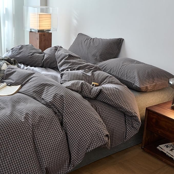 EAVD Vintage Style Dark Grey Plaid Duvet Cover Full 100% Washed Cotton Like Linen Feel Soft Red Grid Gingham Bedding Set with 2 Pillowcases Reversible Retro Dark Grey Gingham Duvet Cover with Zipper
