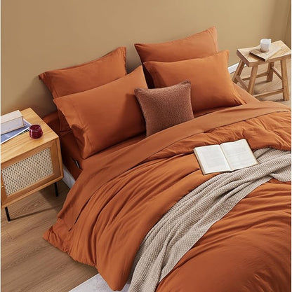 WRENSONGE Oversize King Size Comforter Sets, 7 Pieces Soft Burnt Orange Fall Bed in a Bag with Fitted Sheet, Flat Sheet, 2 Pillow Shams, 2 Pillowcases, Warm Bedding Sets for All Seasons