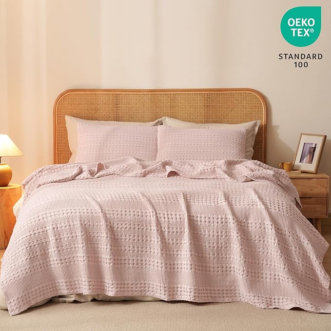 PHF 100% Cotton Waffle Weave Blanket Twin Size for Bed, Soft Lightweight & Breathable for Spring and Summer, All-Season Comfort, Luxury Aesthetic Blanket for Home Decor, 66"x90", Pink/Mauve