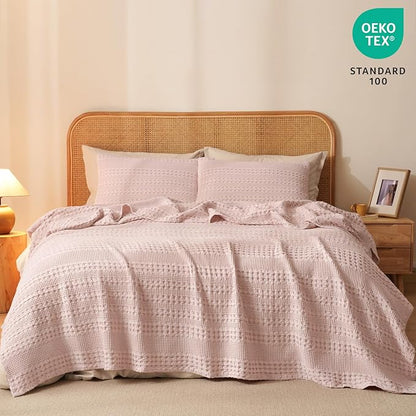 PHF 100% Cotton Waffle Weave Blanket Queen Size for Bed, Soft Lightweight & Breathable for Spring and Summer, All-Season Comfort, Luxury Aesthetic Blanket for Home Decor, 90"x90", Pink/Mauve