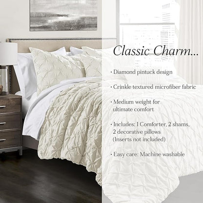 Lush Decor Ravello Pintuck Comforter Set - Luxe 5 Piece Textured Bedding Set - Traditional Glam & Farmhouse Inspired Bedroom Decor - Full/ Queen, Ivory