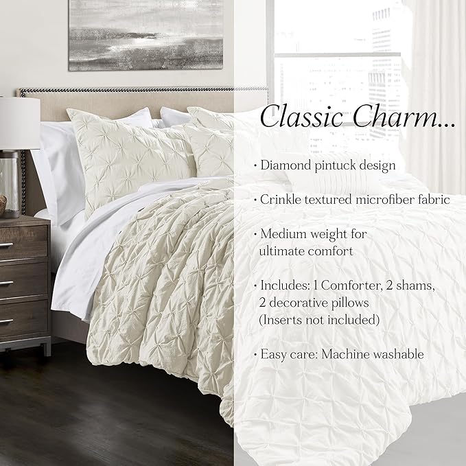 Lush Decor Ravello Pintuck Comforter Set - Luxe 5 Piece Textured Bedding Set - Traditional Glam & Farmhouse Inspired Bedroom Decor - King, Ivory