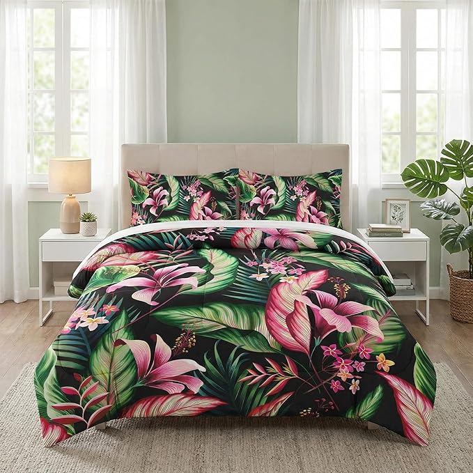 King Size Comforter Set with 2 Pillowcases, Tropical Leaves Flower Hibiscus Soft 3 Pcs Bedding for Kids and Adults Bedroom Bed Decor
