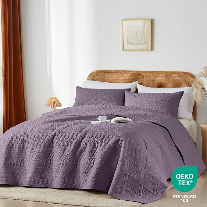 akkialla Twin Quilt Set, Grayish Purple Lightweight Microfiber Bedspread Coverlet, Boho Geometric Pattern, Soft All-Season Bedding, 2-Piece (1 Quilt, 1 Pillow Sham) | Breathable fabric, Modern style