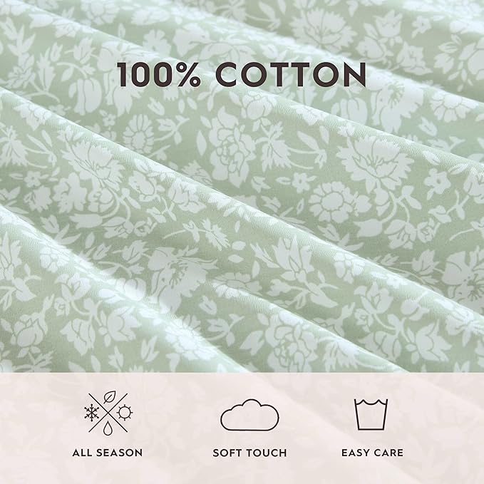 Laura Ashley - Queen Sheet Set, Crisp & Cool Cotton Percale Bedding with Deep Pockets, Lightweight for Year Round Comfort, Bed Sheets with Matching Pillowcases (Heirloom Ditzy Green)