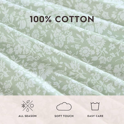 Laura Ashley - Sheets, Cotton Percale Bedding Set, Lightweight & Breathable Room Essentials (Heirloom Ditzy Green, King)