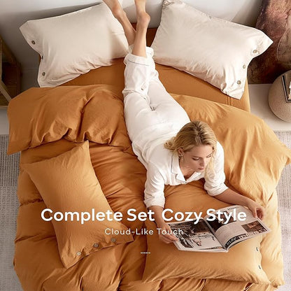 JELLYMONI 100% Washed Cotton Duvet Cover Full – Soft, Breathable Linen-Look Bedding with Natural Wrinkle Texture, Button Closure, 3-Piece Set (Amber Orange, 80"x90")