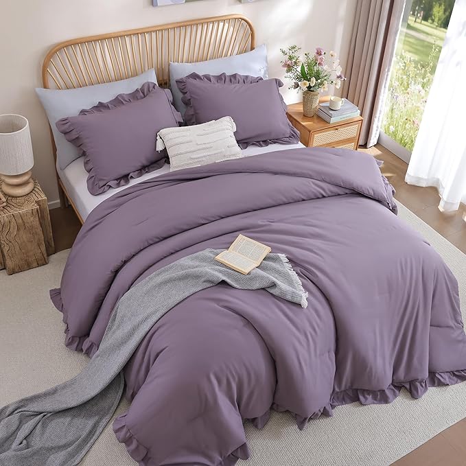 JANZAA Twin Comforter Set Grayish Purple Ruffle Comforter with 1 Pillowcase Soft Twin Size Bed Set Vintage Farmhouse Bed Comforter Set Fluffy Shabby Chic Bedding for All Season