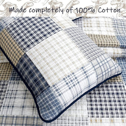 Cozy Line Home Fashions Benjamin Cute Dinosaur Plaid Navy Blue White Grey Bedding Quilt Set 100% Cotton Reversible Coverlet Bedspread Set for Kids Boy (Queen - 3 Piece)