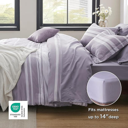 Bedsure Twin XL Comforter Set 5 Pieces, Purple Striped Bedding Set for All Seasons, Reversible, Cationic Dyeing Bed in a Bag with Comforter, Sheets, Pillowcase & Sham