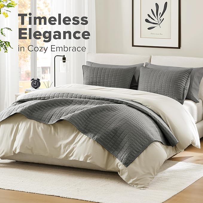 Comfort Spaces Kienna Quilt Set- Double Sided Stitching Design Summer Blanket, Lightweight, Soft, All Season Bedding Layer, Matching Sham, Charcoal, Coverlet Full/Queen(90"x90") 3 Piece