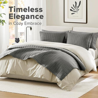 Comfort Spaces Kienna Quilt Set- Double Sided Stitching Design Summer Blanket, Lightweight, Soft, All Season Bedding Layer, Matching Sham, Charcoal, Coverlet Full/Queen(90"x90") 3 Piece