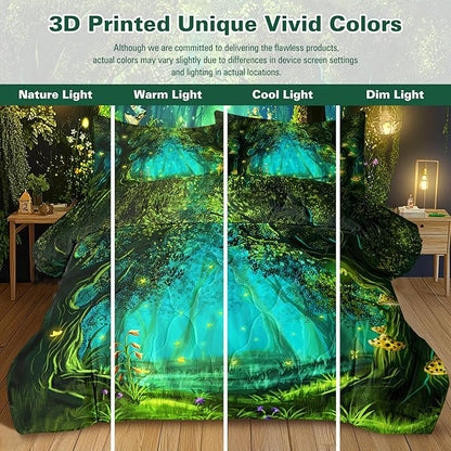 SOULZZZ Forest Comforter Set King Size Premium Microfiber Green Forest Mushroom Butterfly Flower Pattern Comforter 3 Piece Aesthetic Green Bedding Set with 2 Pillow Shams