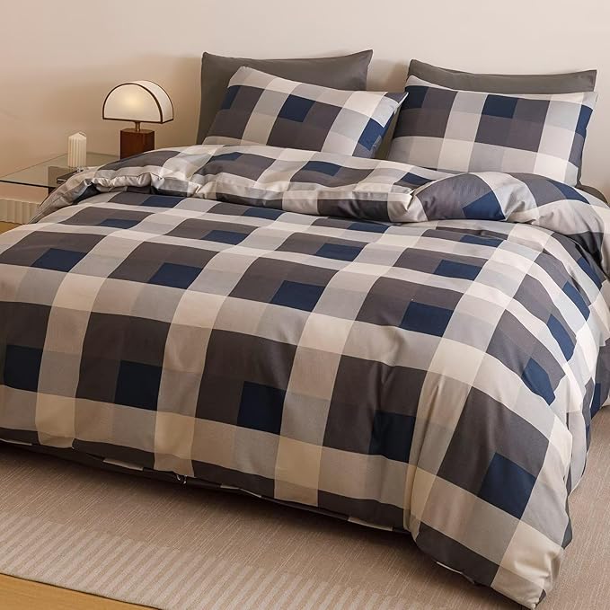 Houseri Blue Plaid Comforter Set Twin Vintage Grid Bedding Sets