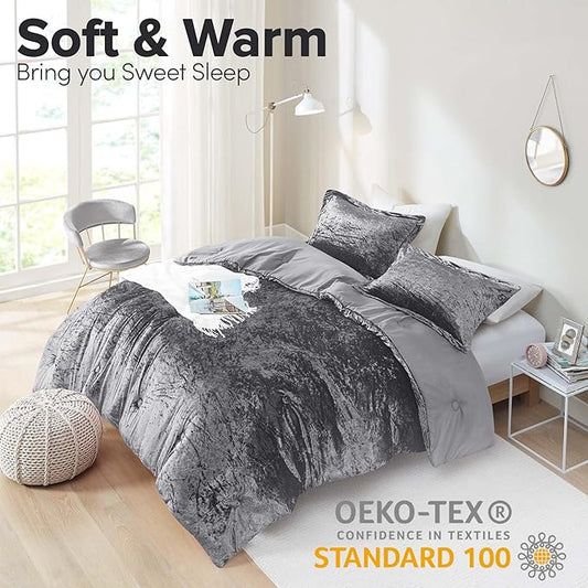 Comfort Spaces Juliette Luxe Comforter Set Velvet Lush with Soft Brushed Microfiber Reverse, All Season Cozy Velvet Bedding Sets, Fluffy Comforter Bed Set, Matching Sham, Grey Twin/Twin XL 2 Piece