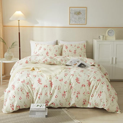 VM VOUGEMARKET Vintage Pink Flower Comforter Set Full Soft Cream Comforter Chic Floral Printed Bedding Set Vintage Botanical Comforter Set for Teen Girls 80x90 Inch