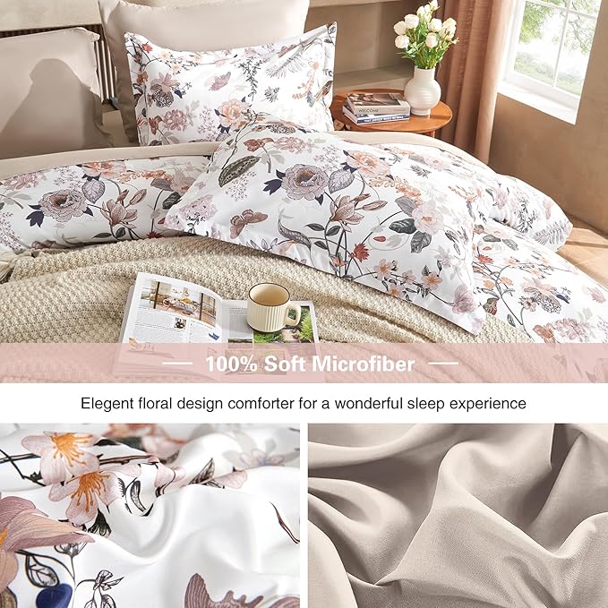 7 Piece Queen Comforter Set, Dusty Pink Butterfly Floral Comforter Set with Flowers Leaves Pattern, Soft Microfiber Complete Bedding Set for All Season(Dusty Pink, Queen)