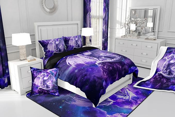 3D Dragon Bedding Set Full Size,Galaxy Starry Sky Comforter Set for Kids Boys Girls Room Decor,Glitter Nebula Outer Space Duvet Insert 3Pcs,Western Magical Animal Purple Quilt Set,2 Pillowcases