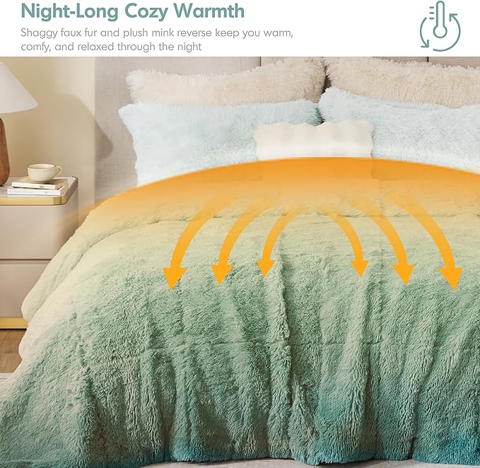 Intelligent Design Brielle, Long Shaggy Faux Fur Comforter Set, Plush Reverse, Trendy Ombre Design, Modern, Cozy All Season Bedding, Matching Sham, Twin/Twin XL(66"x90") Aqua 2 Piece