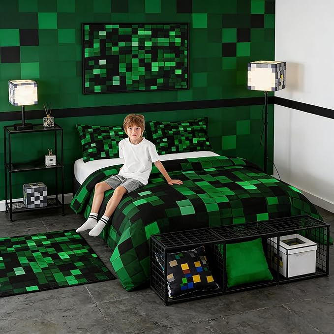Pixelated Miners GameComforter Set King Size,Geometric Check Video Games Kids Bedding Set,Gamepad Camo Grid Quilt Comforter,Black Green Duvet Insert,2 Pillowcases